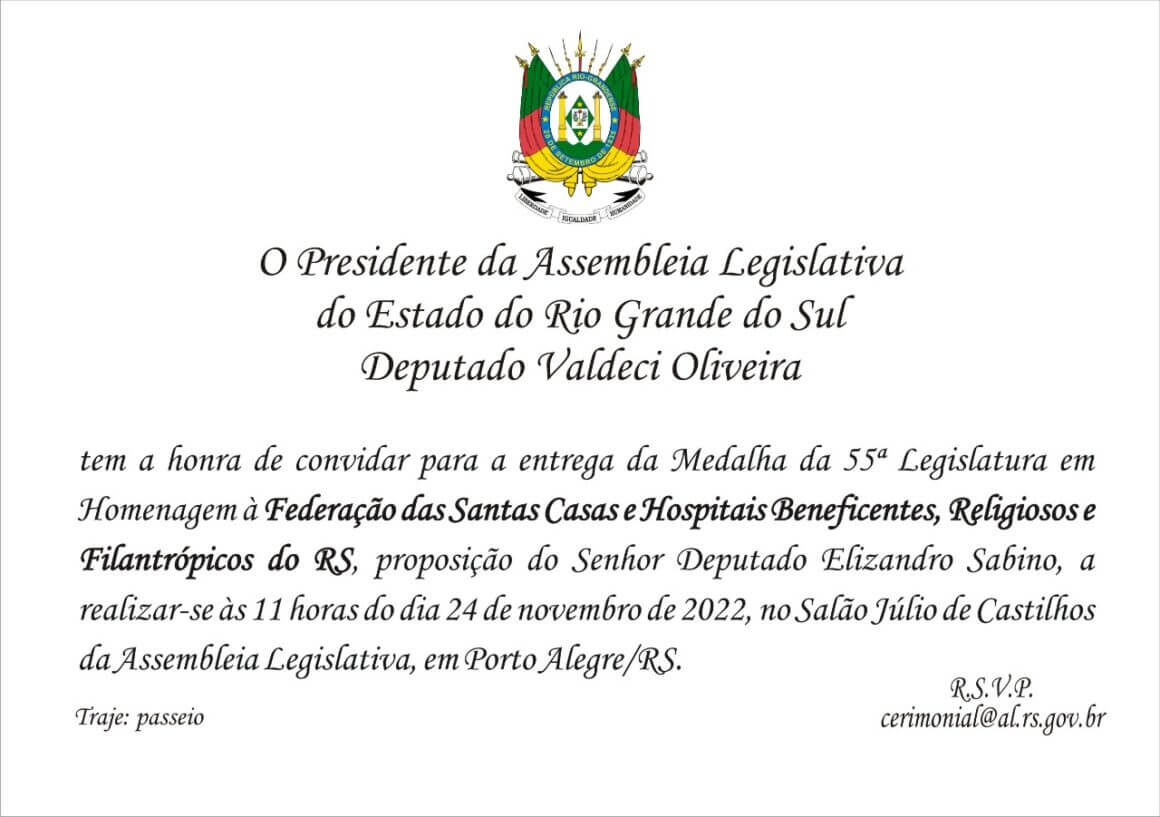 FEDERAÇÃO RS SERÁ AGRACIADA COM A MEDALHA DA 55ª LEGISLATURA DA ASSEMBLEIA LEGISLATIVA DO ESTADO