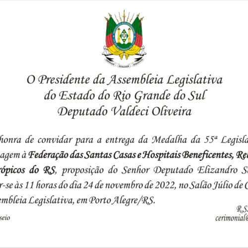 FEDERAÇÃO RS SERÁ AGRACIADA COM A MEDALHA DA 55ª LEGISLATURA DA ASSEMBLEIA LEGISLATIVA DO ESTADO